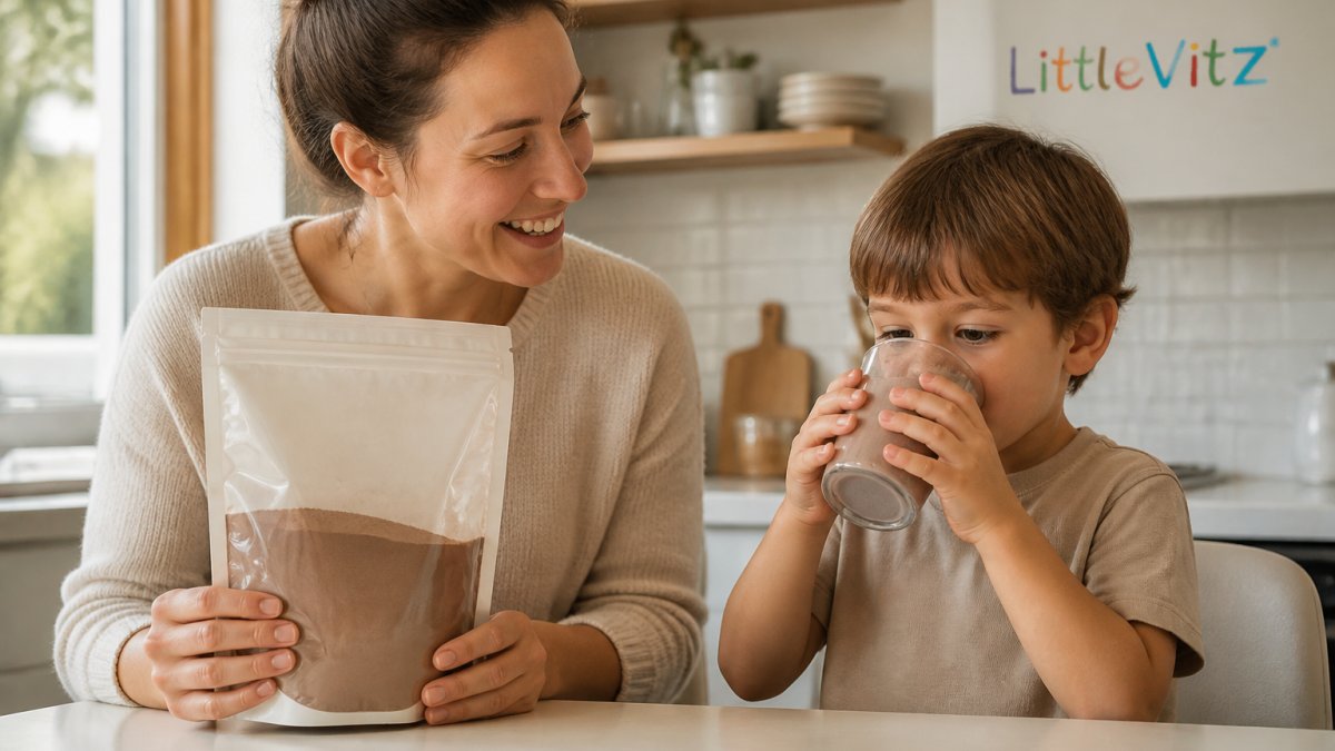 A parent and young child in a bright kitchen, the child drinking a chocolate milkshake-style drink from a cup while the parent holds a pouch of nutritional powder, warm natural light
