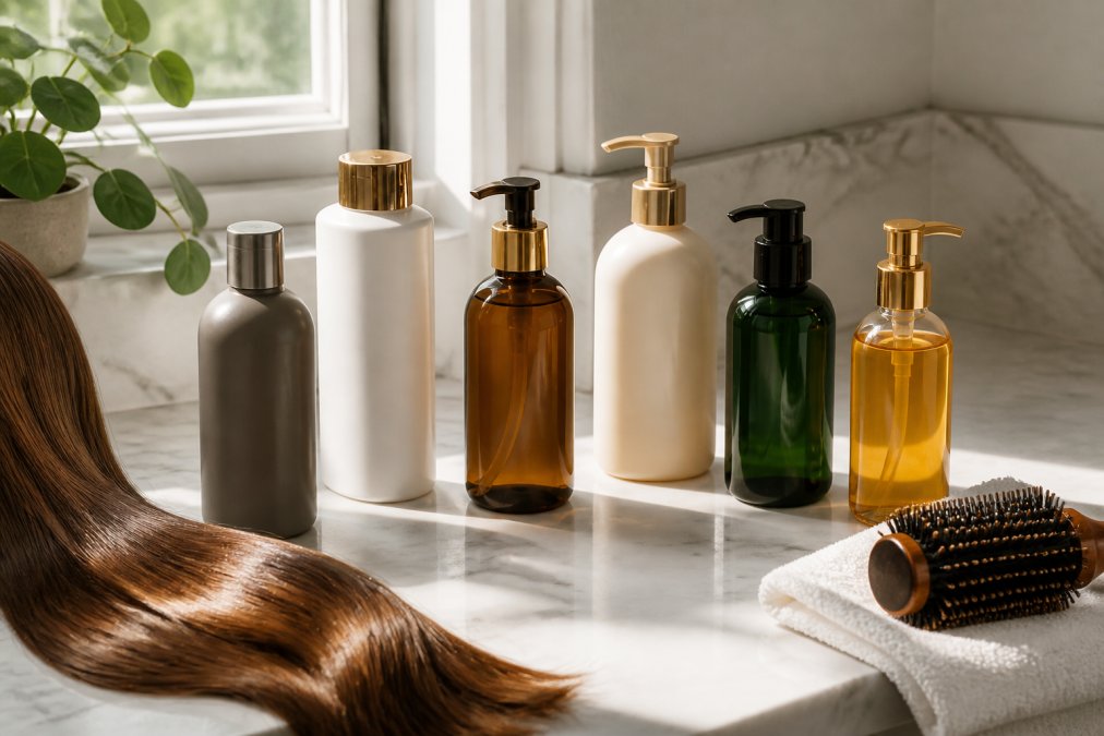 Flat lay of several shampoo bottles arranged neatly on a white marble bathroom counter with a few strands of glossy, smooth hair draped nearby, soft natural light from a window casting gentle shadows