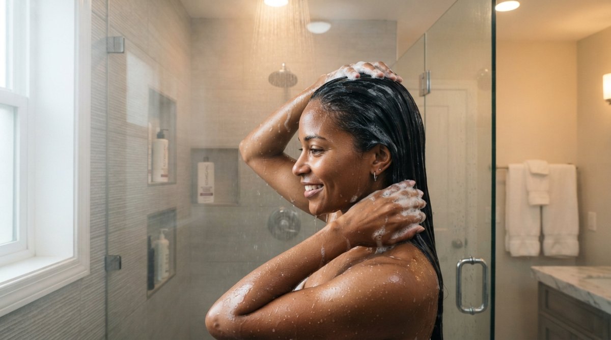 Woman with sleek, shiny hair applying shampoo in a bright modern bathroom shower, her hair visibly smooth and frizz-free under warm overhead lighting, steam visible in the background