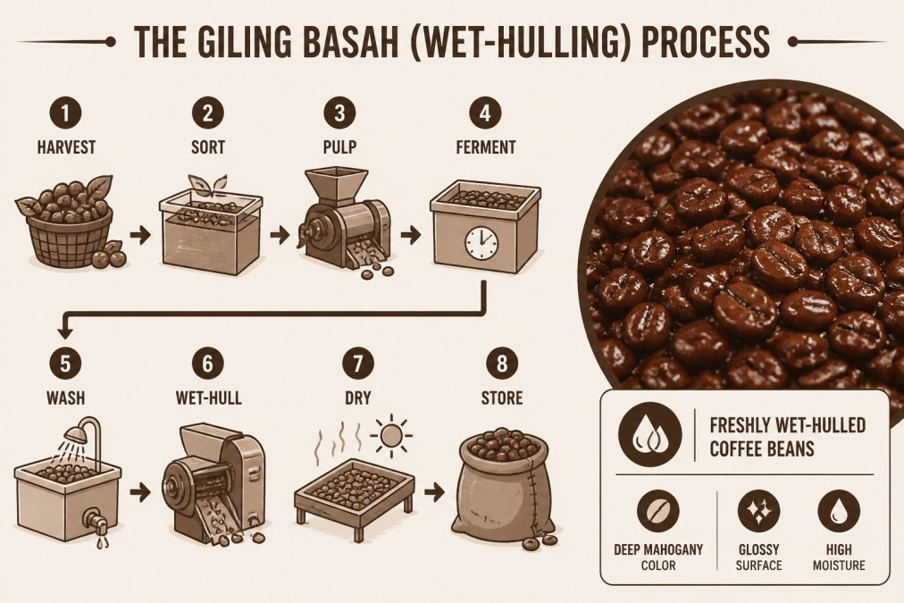 Close-up of freshly wet-hulled coffee beans glistening with moisture, showing their deep mahogany color and the distinctive glossy surface created by the Giling Basah process in a processing facility