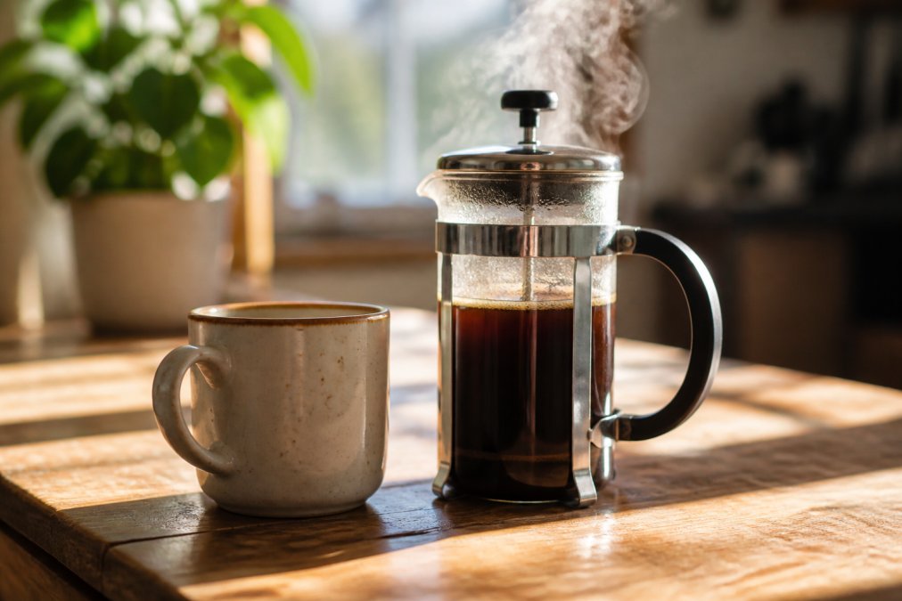 A French press filled with dark, freshly brewed Sumatra G1 coffee, steam rising from the plunger, with a ceramic mug positioned nearby on a wooden table in morning light