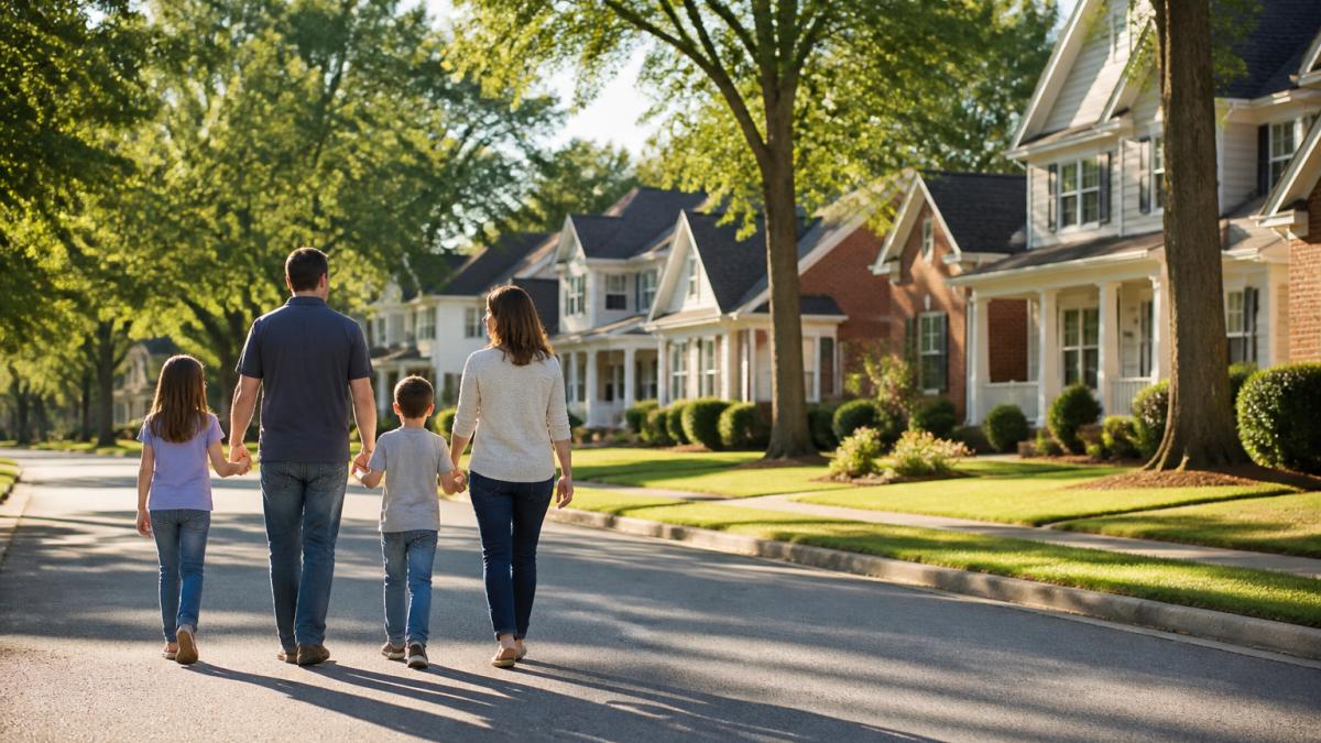 Family walking together on a tree-lined residential street in a suburban neighborhood with well-maintained homes and green lawns in soft afternoon light