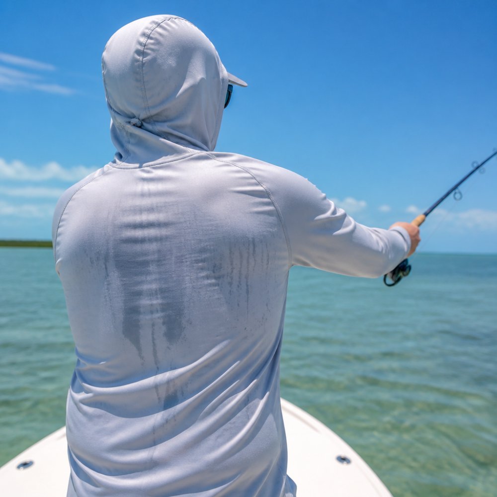 Angler wearing a hooded UV-protective shirt casting a fishing line from a boat on a sunny day