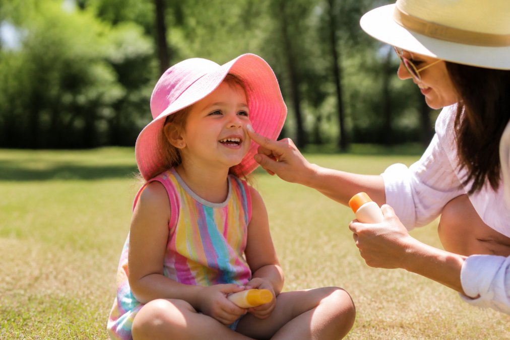 Young child wearing a wide-brimmed sun protective hat while playing outdoors with a parent nearby.
