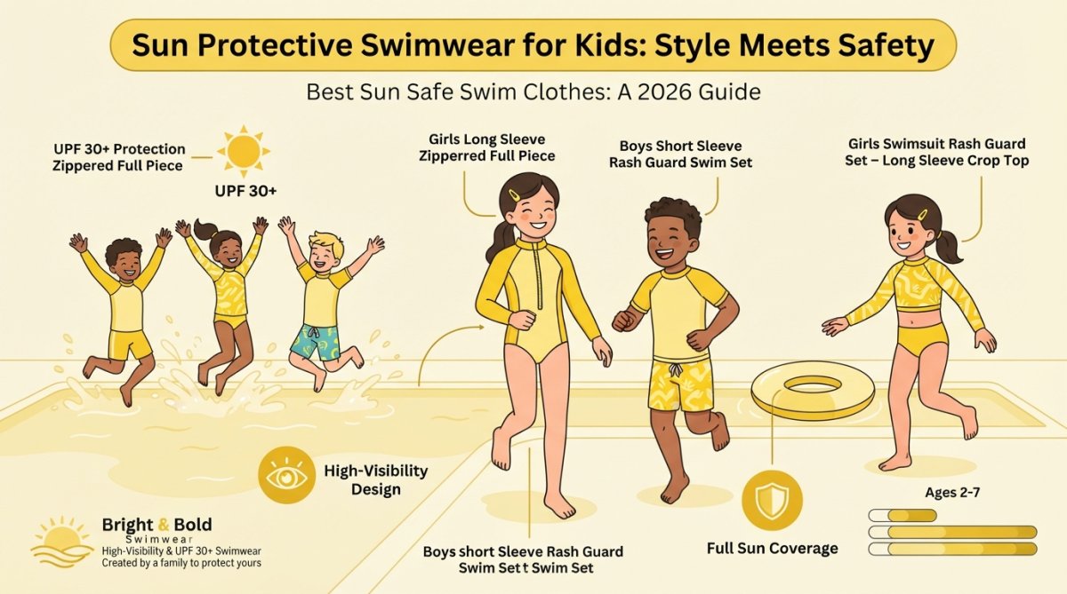 Children wearing bright, colorful sun protective rash guards and full-coverage swimsuits playing together in a swimming pool on a sunny day, showing active movement and visible comfort