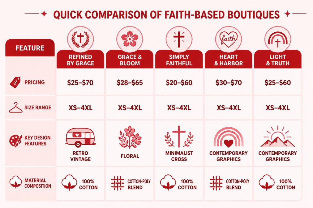 Comparison matrix showing pricing ($25-$70), size range (XS-4XL), key design features (retro vintage, floral, minimalist cross, contemporary graphics), and material composition (100% cotton, cotton-poly blend) across 5 faith-based boutique brands