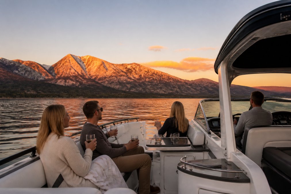 A small group of adults relaxing on a sleek white private motorboat on a calm alpine lake at golden hour, the Sierra Nevada mountains glowing amber and pink in the background, no other boats visible on the water