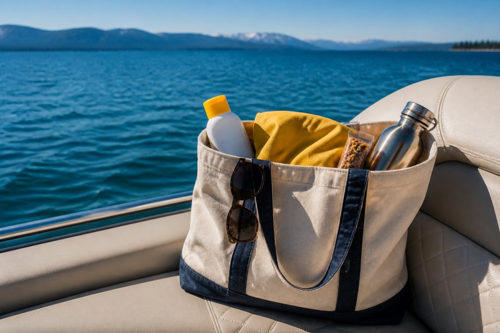 A neatly packed canvas tote bag resting on a boat seat, containing a bottle of sunscreen, a folded light jacket, polarized sunglasses, a stainless steel water bottle, and a wrapped snack bar, with calm blue alpine lake water visible in the background