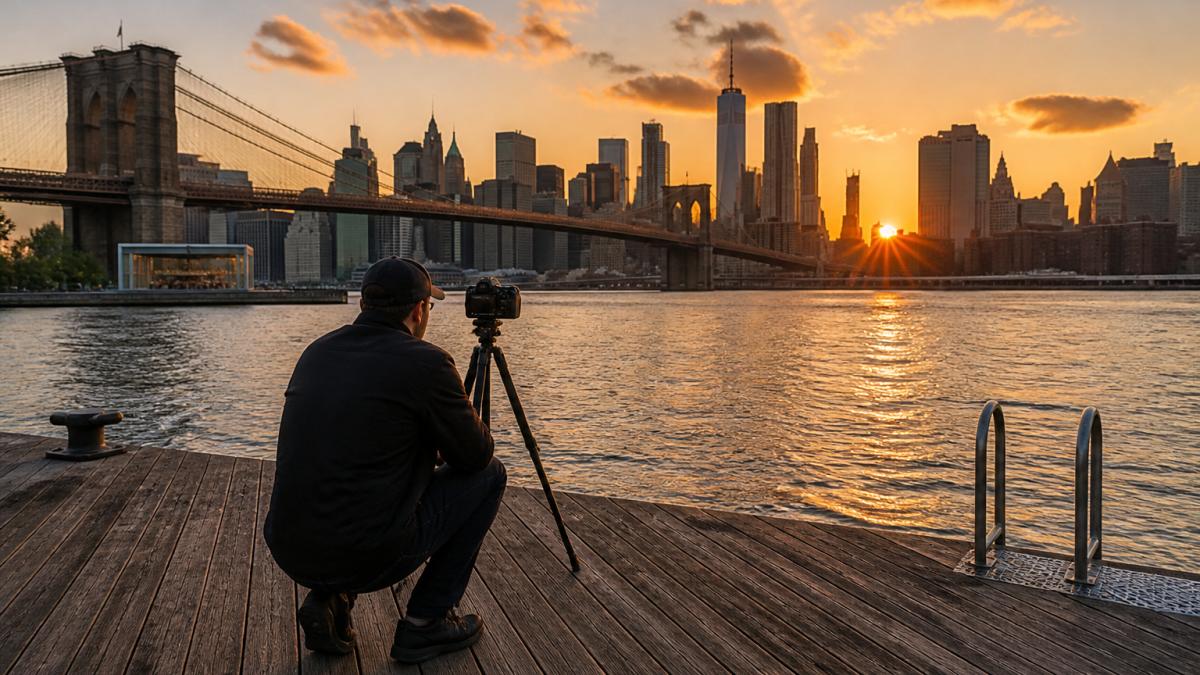 A photographer crouched on a wooden pier at Brooklyn Bridge Park, camera on a tripod aimed at the Manhattan skyline glowing orange across the water