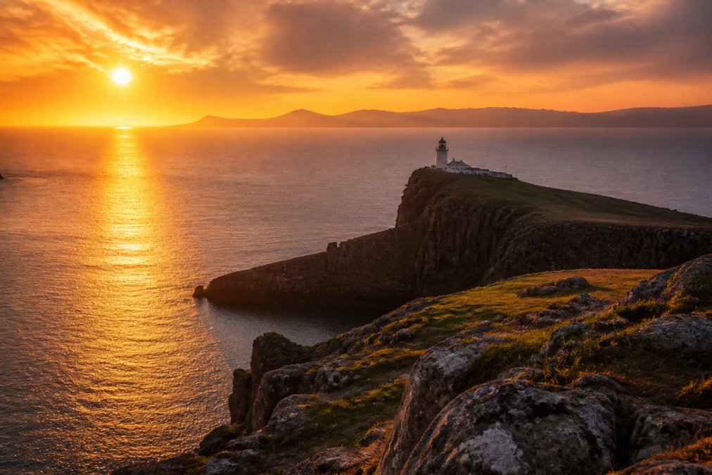 The Neist Point lighthouse silhouetted against a dramatic golden and orange sunset sky, with coastal cliffs and golden light reflecting off the water below