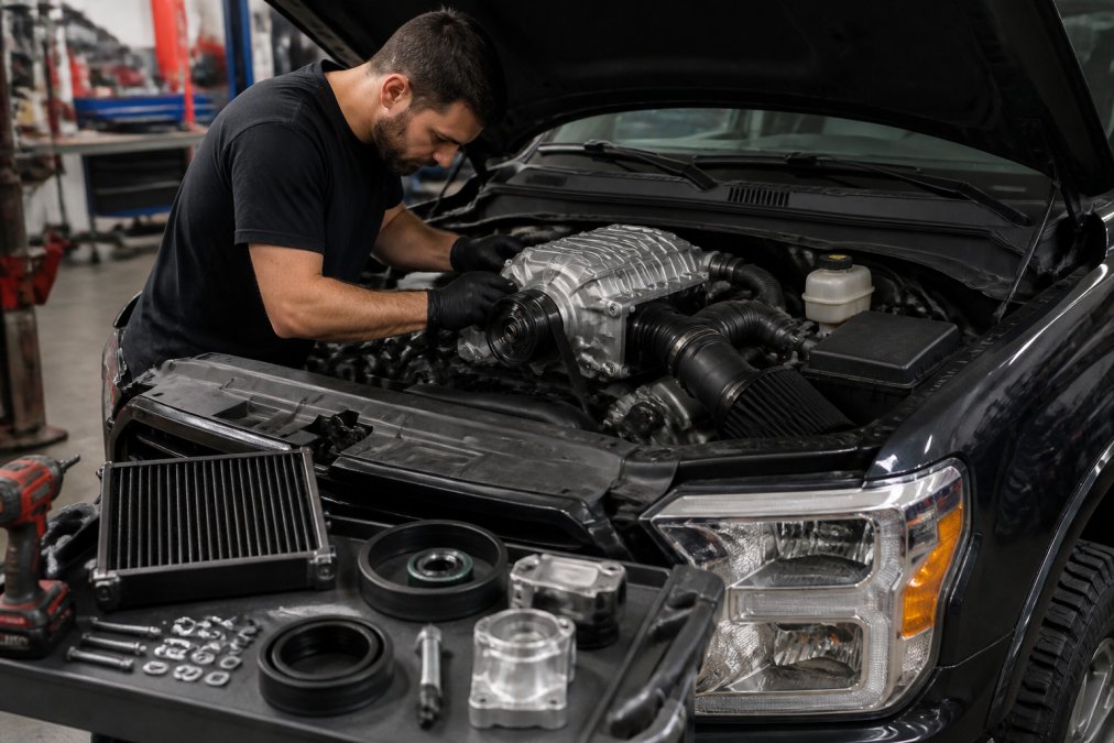 Mechanic installing a supercharger kit into a daily driver truck engine in a clean, well-lit garage workshop.