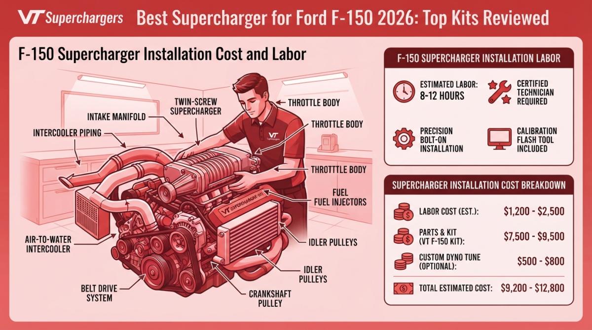Mechanic installing a twin-screw supercharger kit on a Ford F-150 5.0L engine, showing intercooler piping, belt drive system, and manifold connections in a well-lit shop