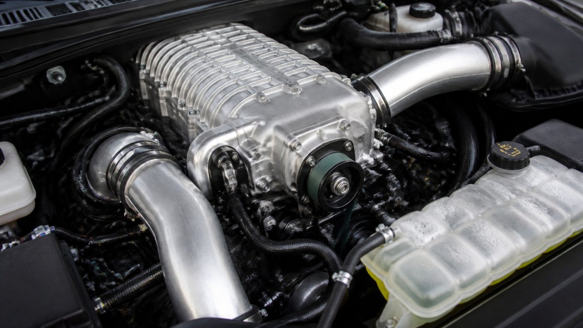 Diagram illustrating the airflow process inside a twin-screw supercharger mounted on a truck engine.