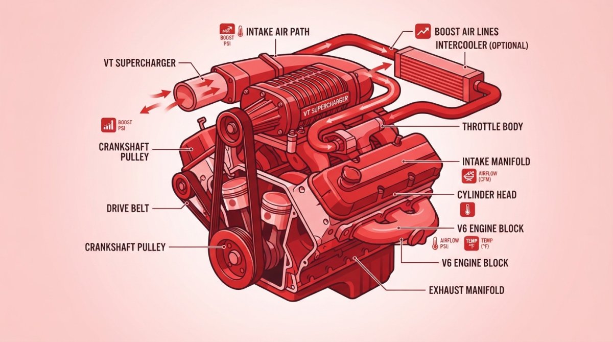 Close-up of a twin-screw supercharger compressor assembly mounted on an off-road vehicle engine, showing the belt drive system and sealed intake manifold with boost lines