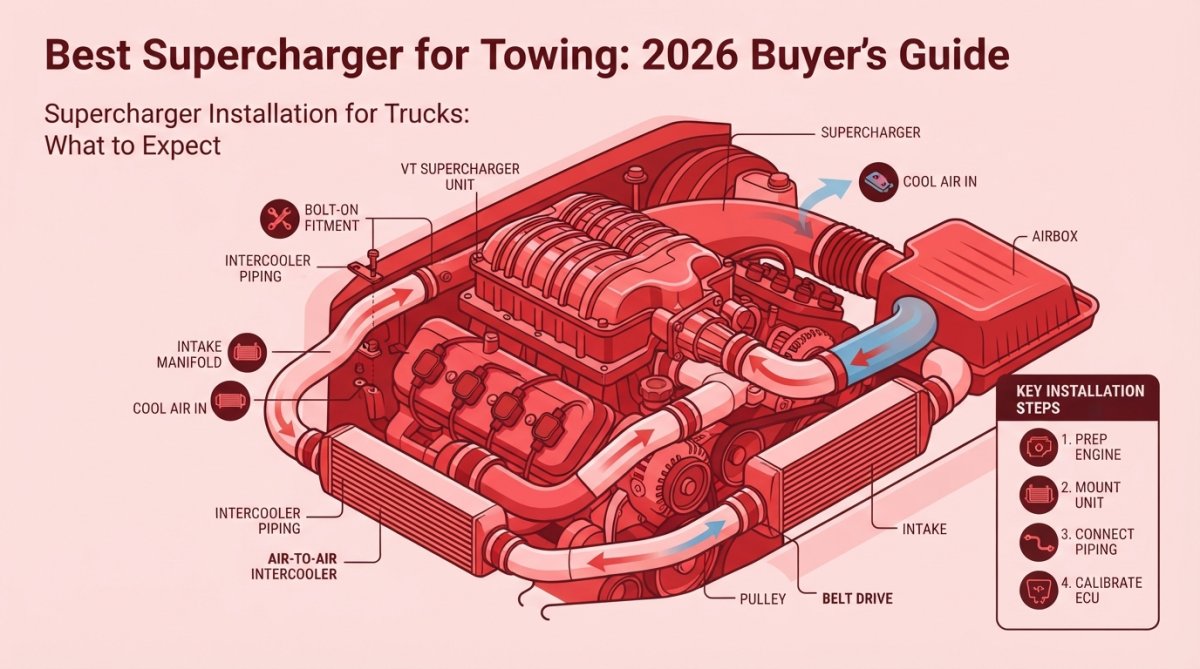 Close-up of twin-screw supercharger mounted on engine block with intercooler piping and bolt-on brackets visible in truck engine bay