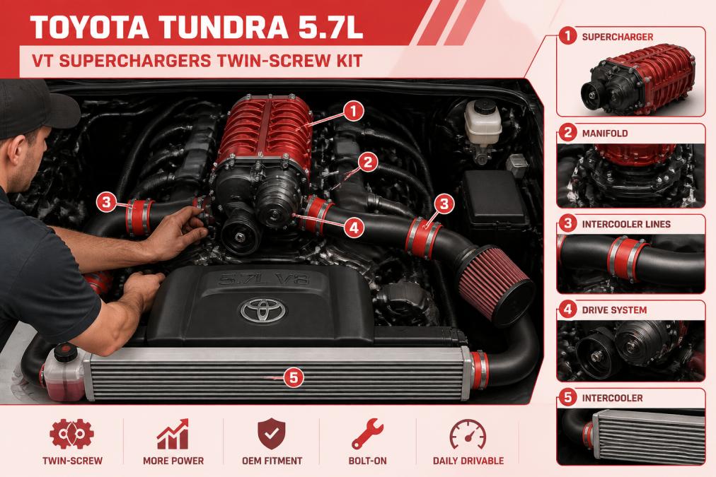Mechanic installing twin-screw supercharger kit on Toyota Tundra 5.7L engine, showing manifold connections and intercooler lines in well-lit engine bay