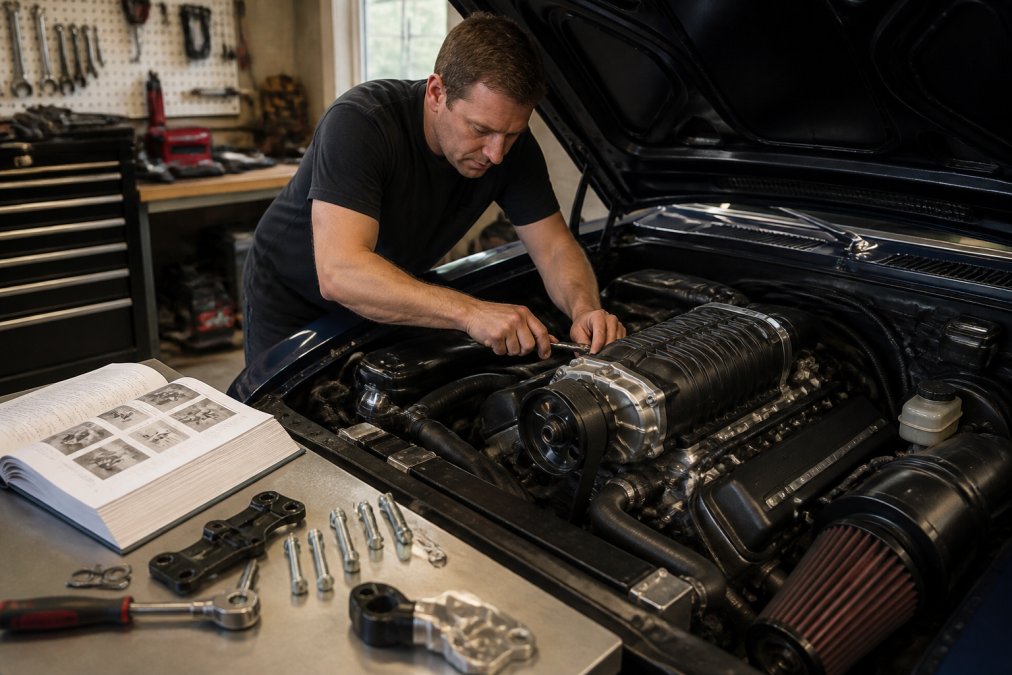 A mechanic in a home garage installing a bolt-on supercharger kit on a V8 engine, with tools and an instruction manual visible on the workbench