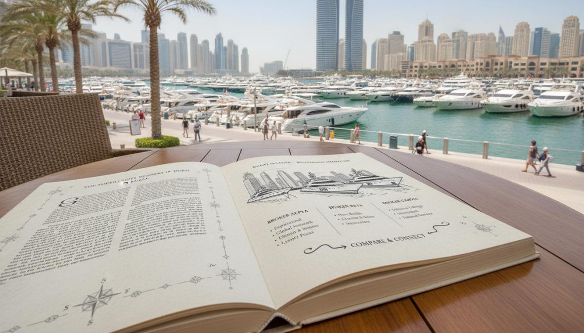 Professional illustration showing Dubai Marina for best superyacht brokers in Dubai