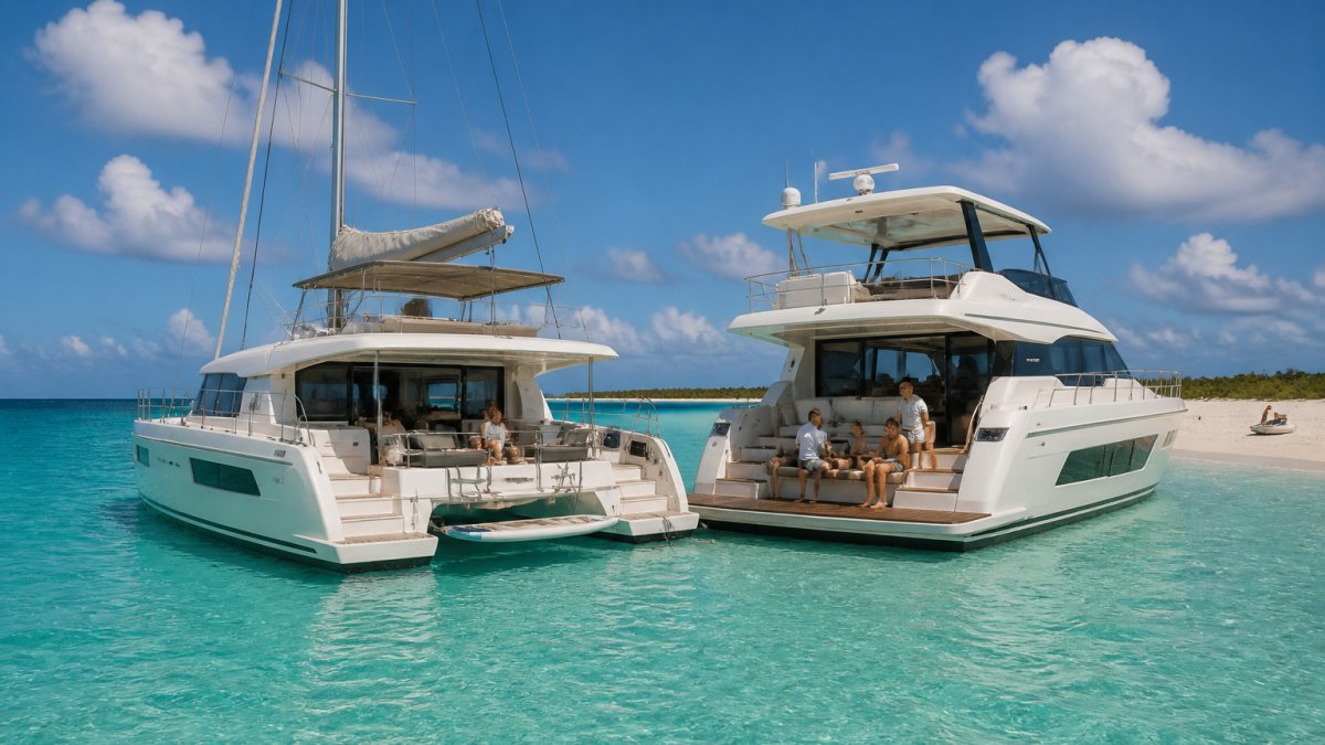 Catamaran and motor yacht anchored in turquoise Bahamian waters with guests relaxing on deck