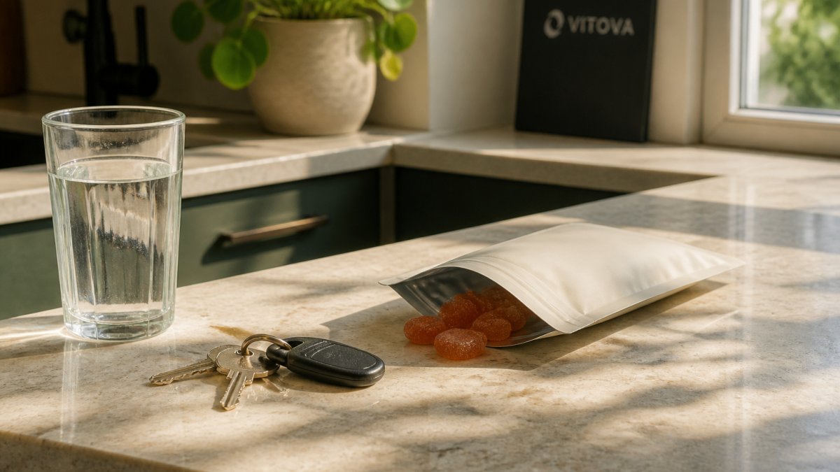 A close-up of a small pouch of gummy supplements resting on a kitchen worktop beside a glass of water and a set of house keys, morning light through a window