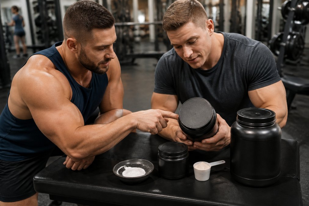 A clean flat lay of supplement containers on a dark gym bench: a large protein jug, a creatine tub, a pre-workout scoop, and a chalk bowl nearby under gym lighting