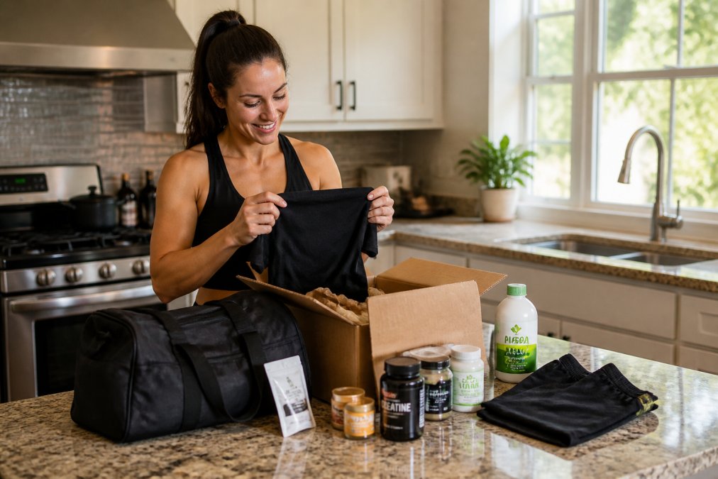 Fit individual unpacking supplement order with free gift items and branded merchandise on kitchen counter, natural daylight through window