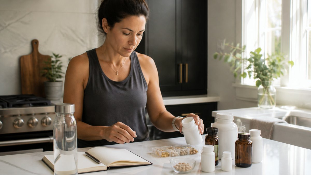 Person organizing daily supplement capsules and a health journal on a bright kitchen counter