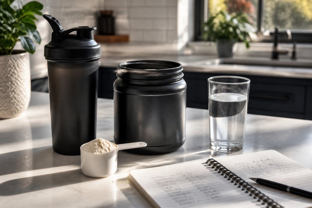 A clean kitchen counter in morning light holds a shaker bottle, an open tub of protein powder with a scoop, and a glass of water beside a handwritten training log