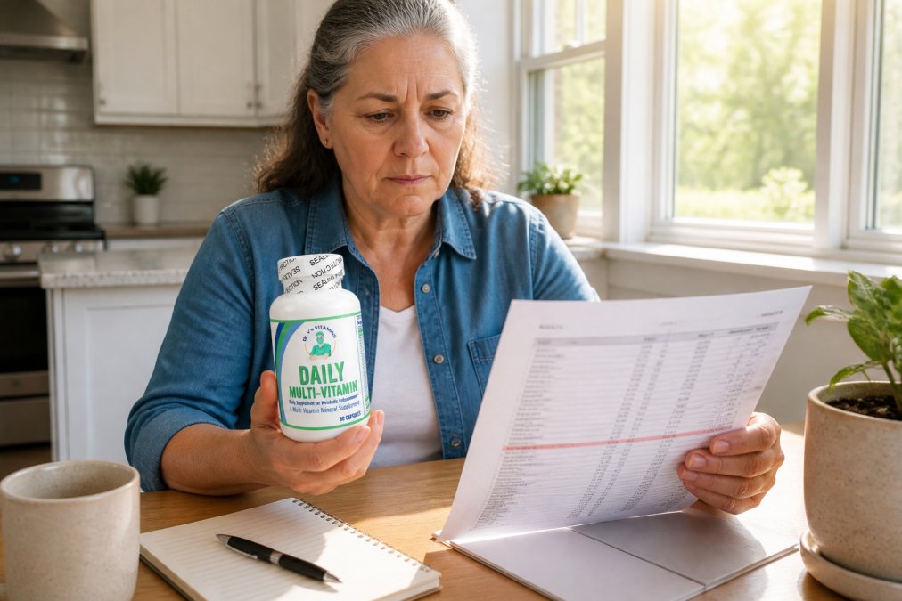 Older adult holding a supplement bottle while reviewing blood work results at a kitchen table with natural morning light streaming through windows