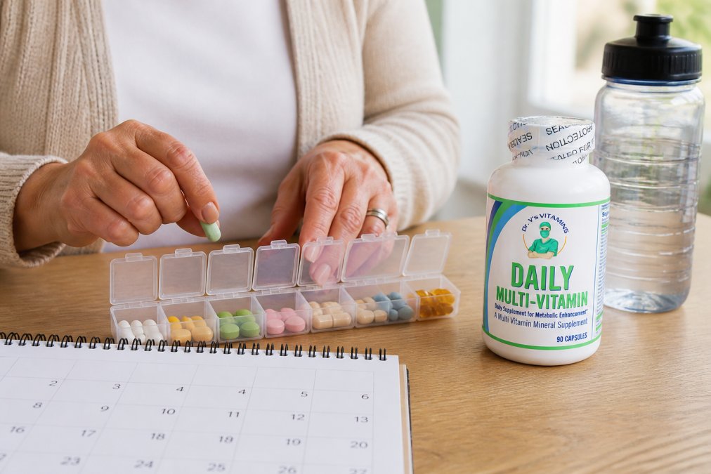 Close-up of hands organizing a daily supplement organizer with various capsules and chewable tablets, with a calendar and water bottle visible on the table