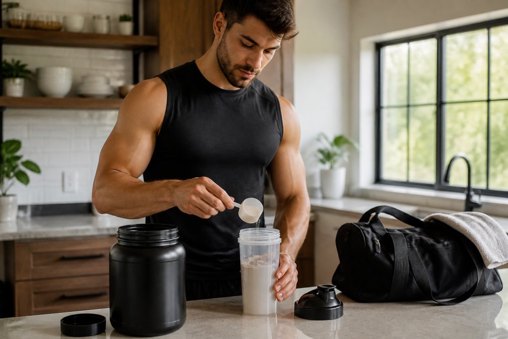 A fit person in athletic wear scooping protein powder into a shaker bottle on a kitchen counter after a workout, gym bag visible in the background, warm natural light from a nearby window