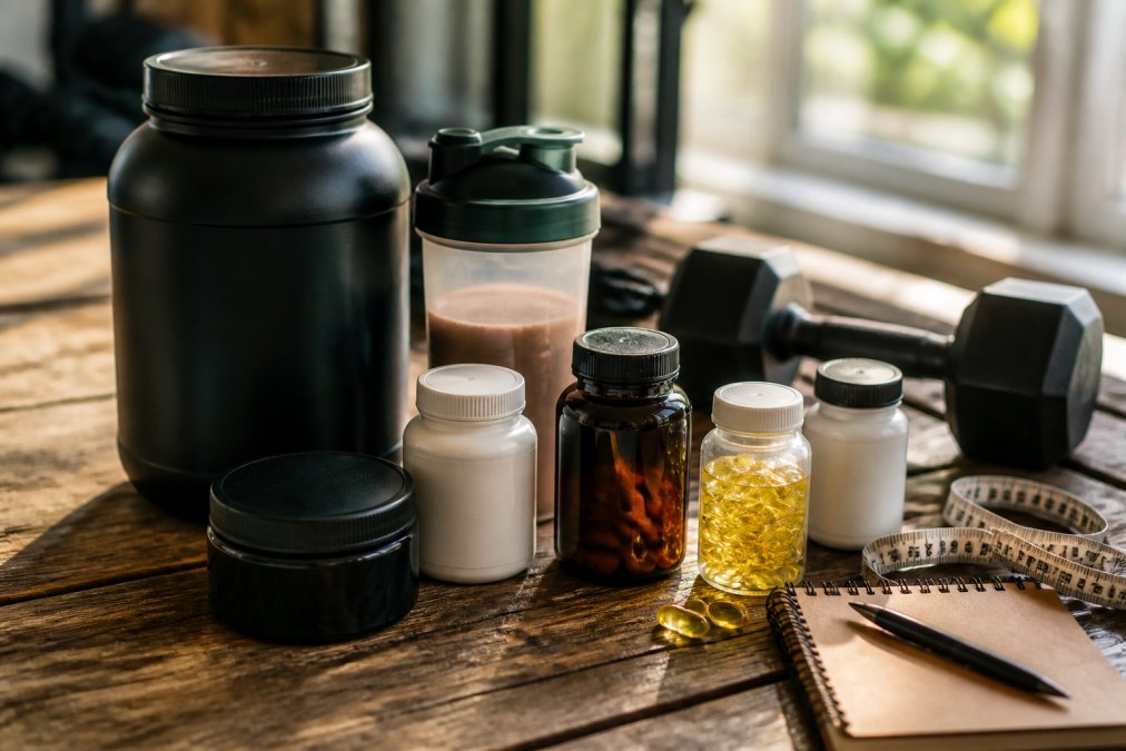 An assortment of supplement containers, protein powder, creatine, fish oil softgels, and magnesium, neatly arranged on a wooden surface next to a training journal and measuring tape, warm natural light