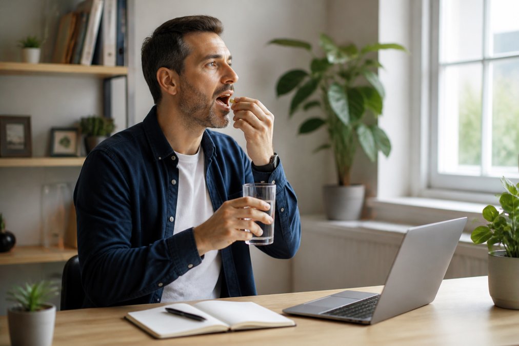 A professional taking supplements for busy professionals at a tidy home office desk with a laptop.