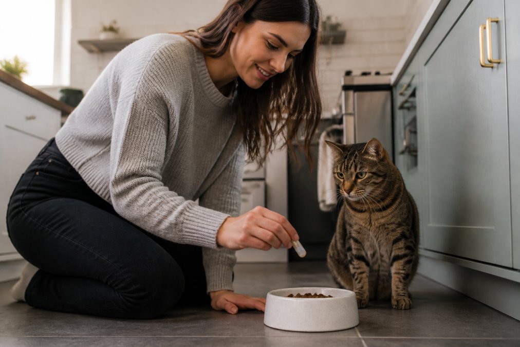 A cat owner in a bright home kitchen sprinkling a probiotic capsule onto a bowl of cat food while a tabby cat waits nearby