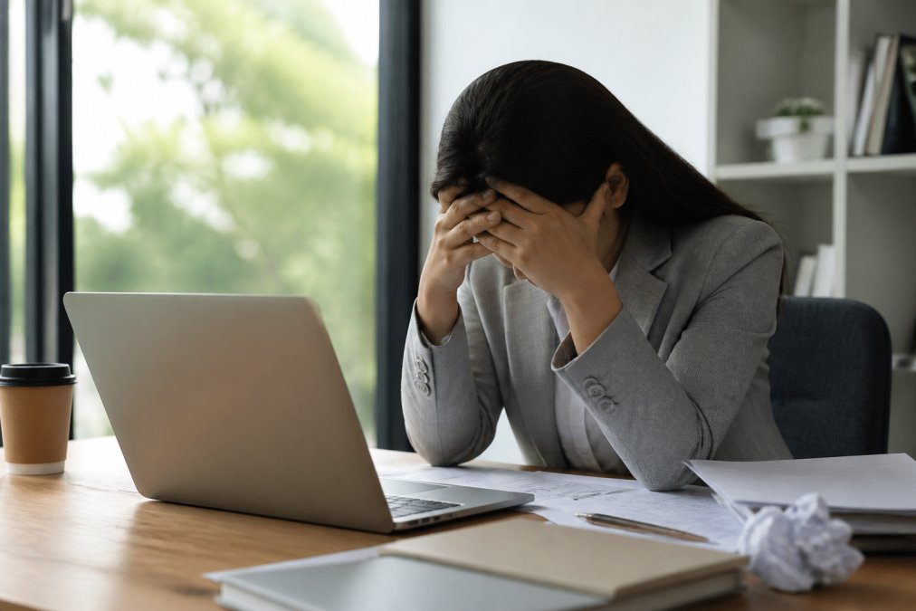 A tired professional sitting at a desk with head in hands, laptop open, coffee cup nearby, soft natural light through a window conveying exhaustion and overwhelm
