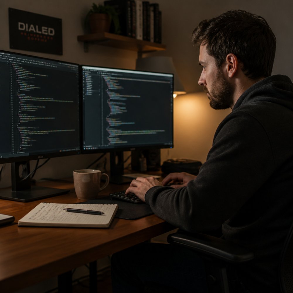 A software engineer at a tidy desk with two monitors, a notebook, and a mug of coffee, mid-session in a dim home office lit by screen glow