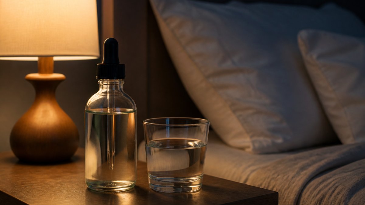 A calm bedside scene at night with a glass bottle of liquid mineral supplement, a small glass of water, and soft warm lamplight on a wooden nightstand