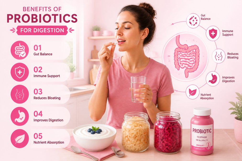 Woman in bright kitchen taking probiotic capsule with water, fresh yogurt and fermented vegetables on table nearby, morning natural light