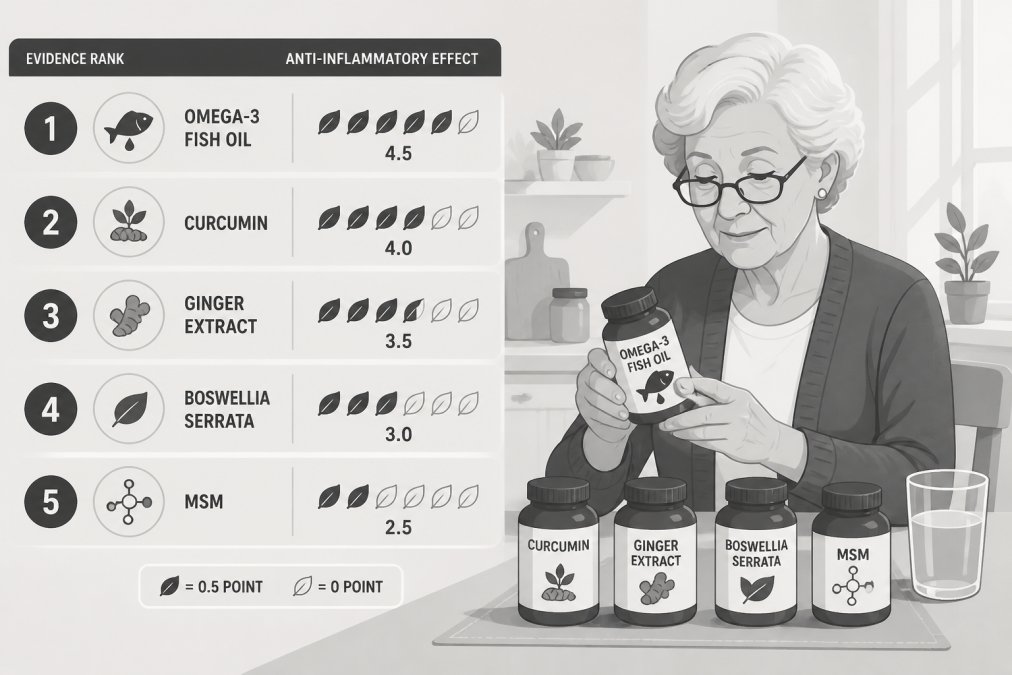 An elderly woman in her 70s sitting at a bright kitchen table, examining several supplement bottles with reading glasses on, a glass of water nearby and morning light coming through the window