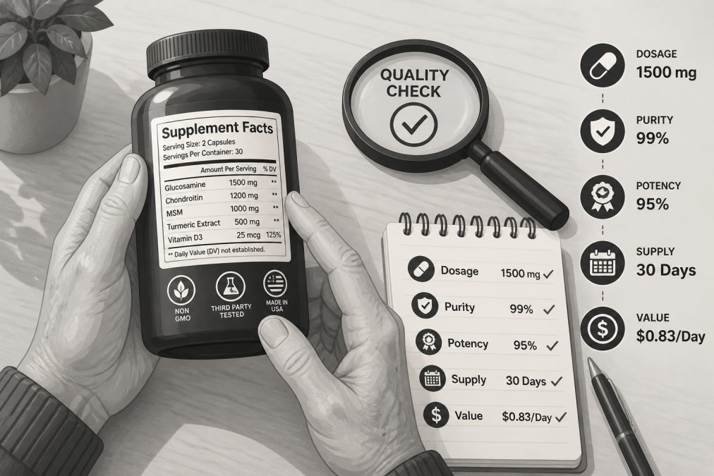 Close-up of a person's hands holding a supplement bottle while reading the label, with a magnifying glass and a notepad with handwritten notes visible on a wooden table in warm natural light