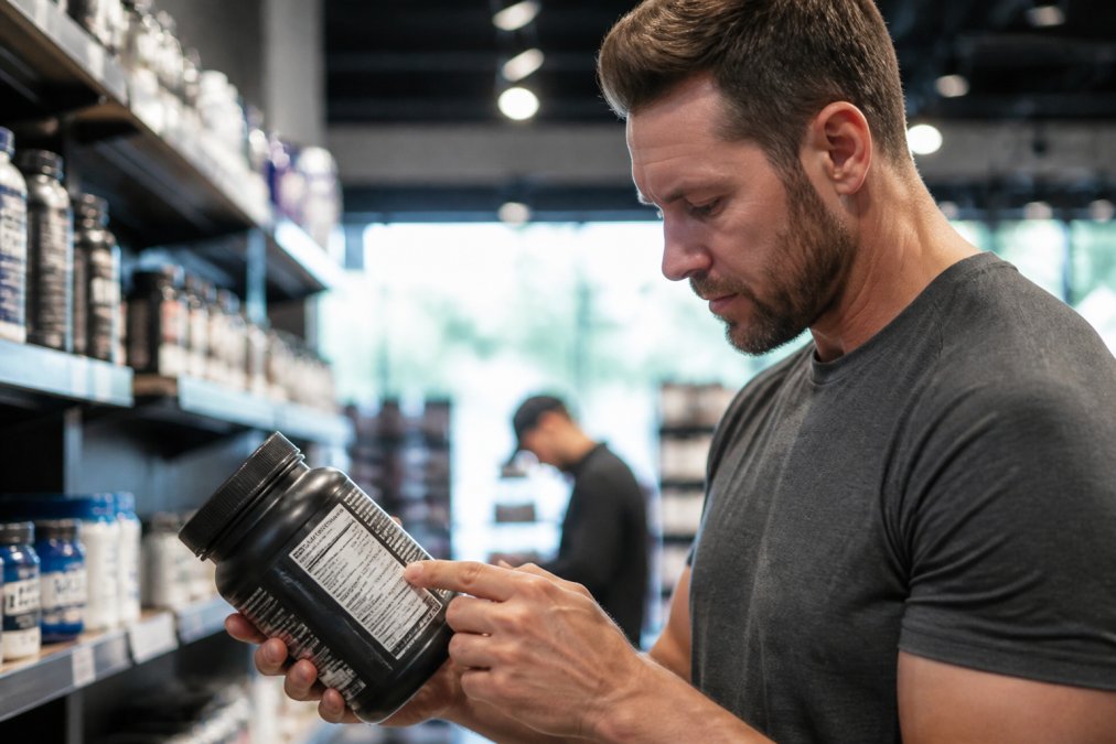 Close-up of hands carefully reading supplement bottle labels, checking ingredients and third-party testing certification under natural lighting