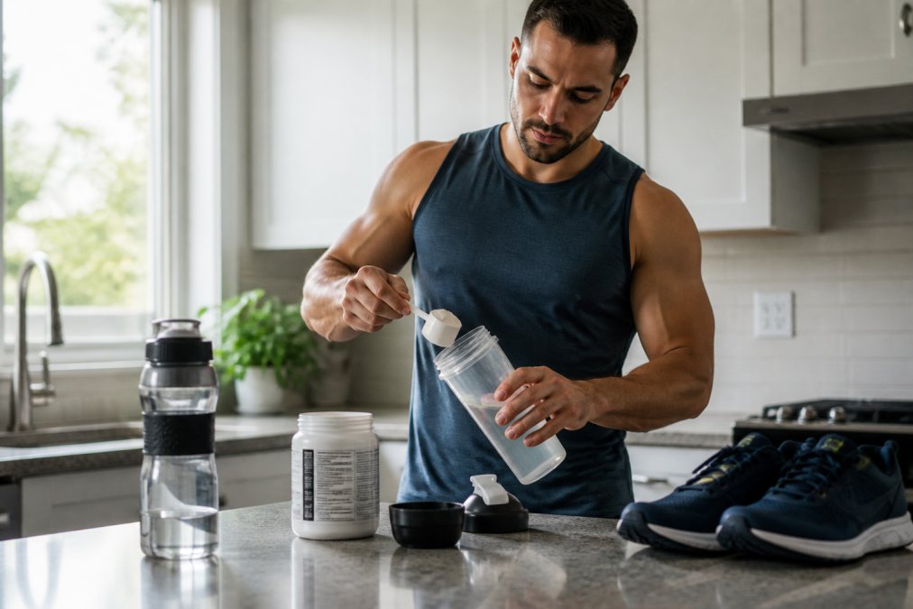 Endurance athlete preparing supplement drink in bright modern kitchen, water bottle and running shoes visible on counter, natural morning light