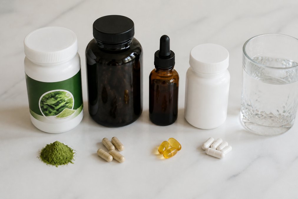 A flat lay of various supplement bottles including a greens powder, capsules, and a small vial of liquid on a clean white surface, with a glass of water nearby
