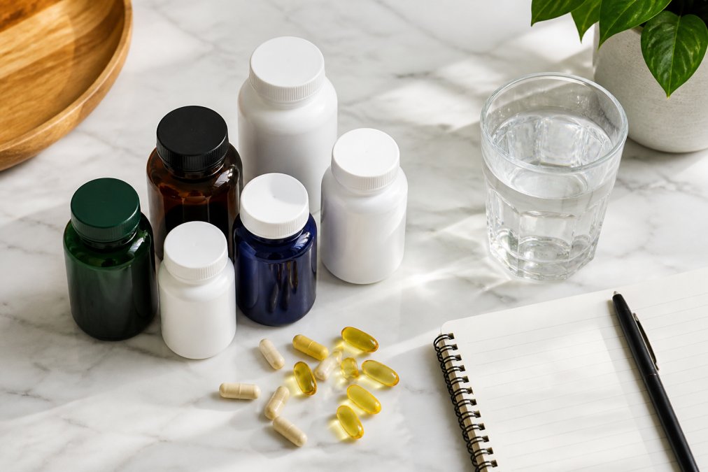 Flat lay of seven supplement bottles arranged neatly on a clean white marble surface alongside a glass of water, a small open notebook with a pen, and scattered capsules in natural morning light
