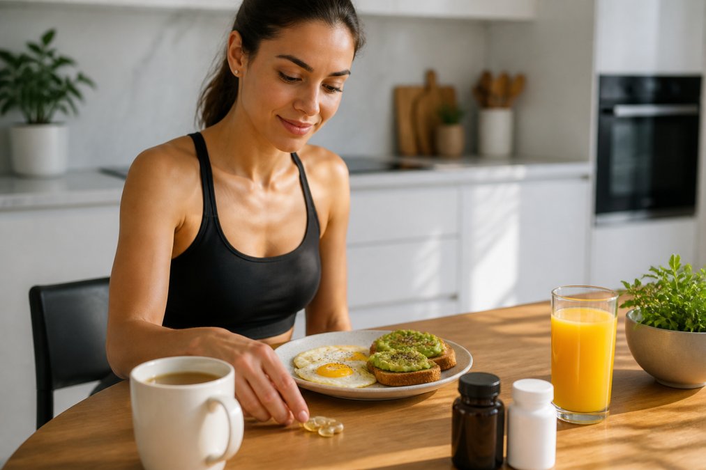 Health-conscious adult in a bright modern kitchen placing supplement capsules beside a plate of eggs and avocado toast at a sunlit breakfast table, with a glass of orange juice and coffee nearby