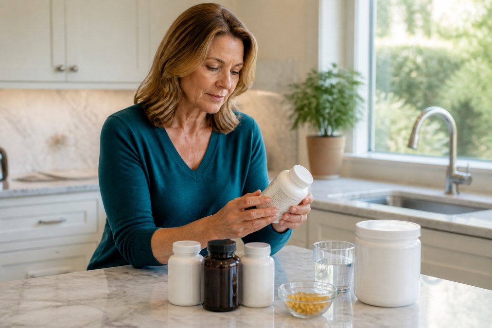 Woman reading supplement label carefully in a bright kitchen, examining bottle ingredients with natural sunlight on a marble counter