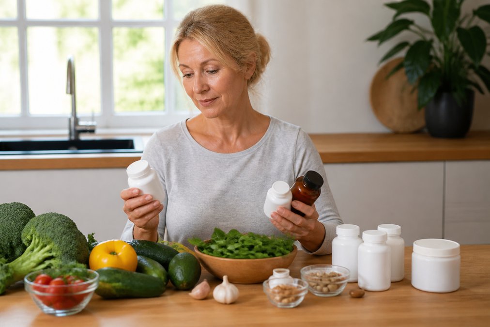 Middle-aged woman holding various supplement bottles and fresh vegetables on a wooden table, representing whole-food nutrition and hormonal support