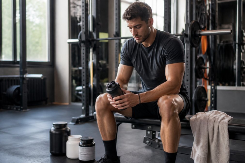 Athlete sitting on gym bench with water bottle, towel, and supplement containers after intense workout, natural gym lighting