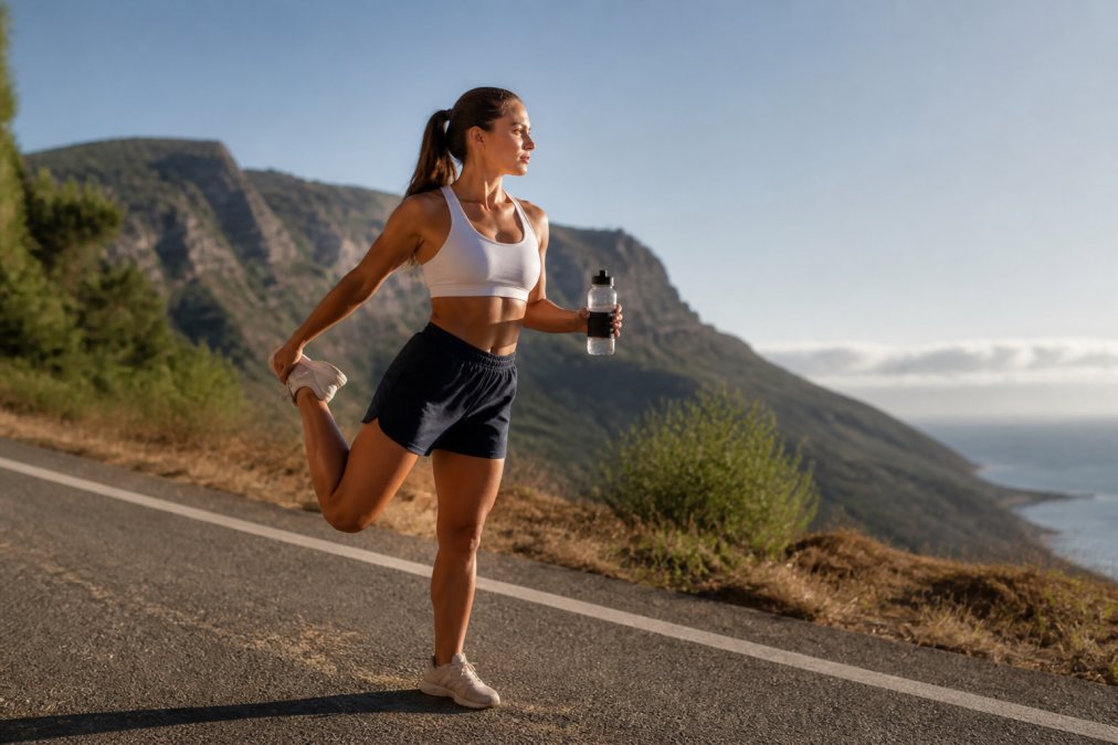 Endurance athlete stretching outdoors after long training session with water bottle, natural daylight, scenic outdoor setting