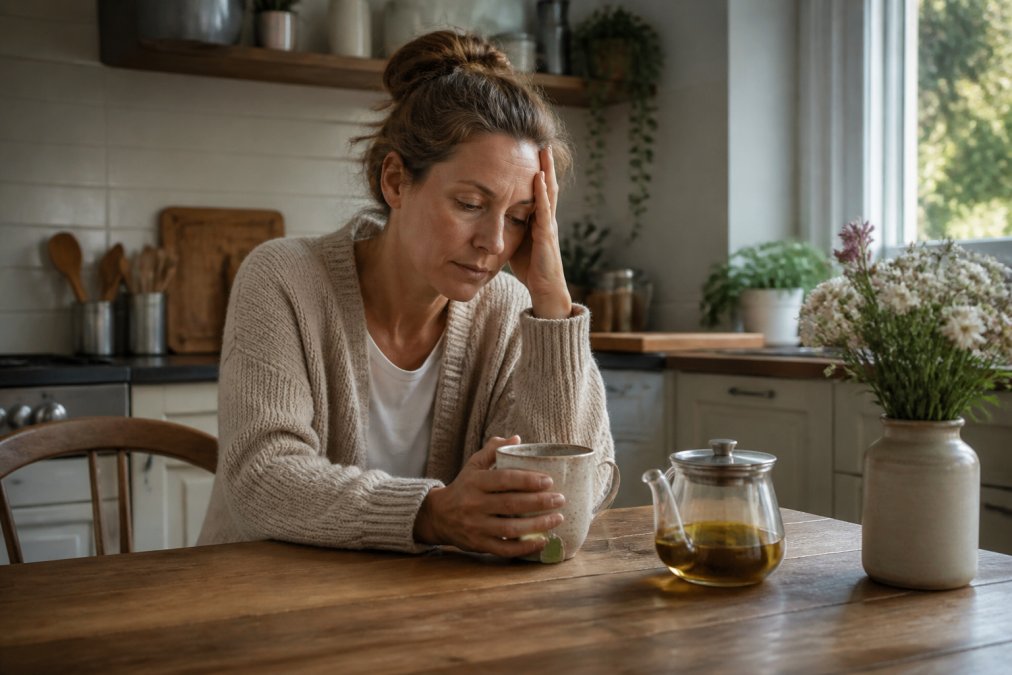 A woman in her late 30s sitting at a kitchen table looking tired and distracted, holding a warm mug of herbal tea, morning light coming through a window, conveying fatigue and low energy associated with hormonal changes